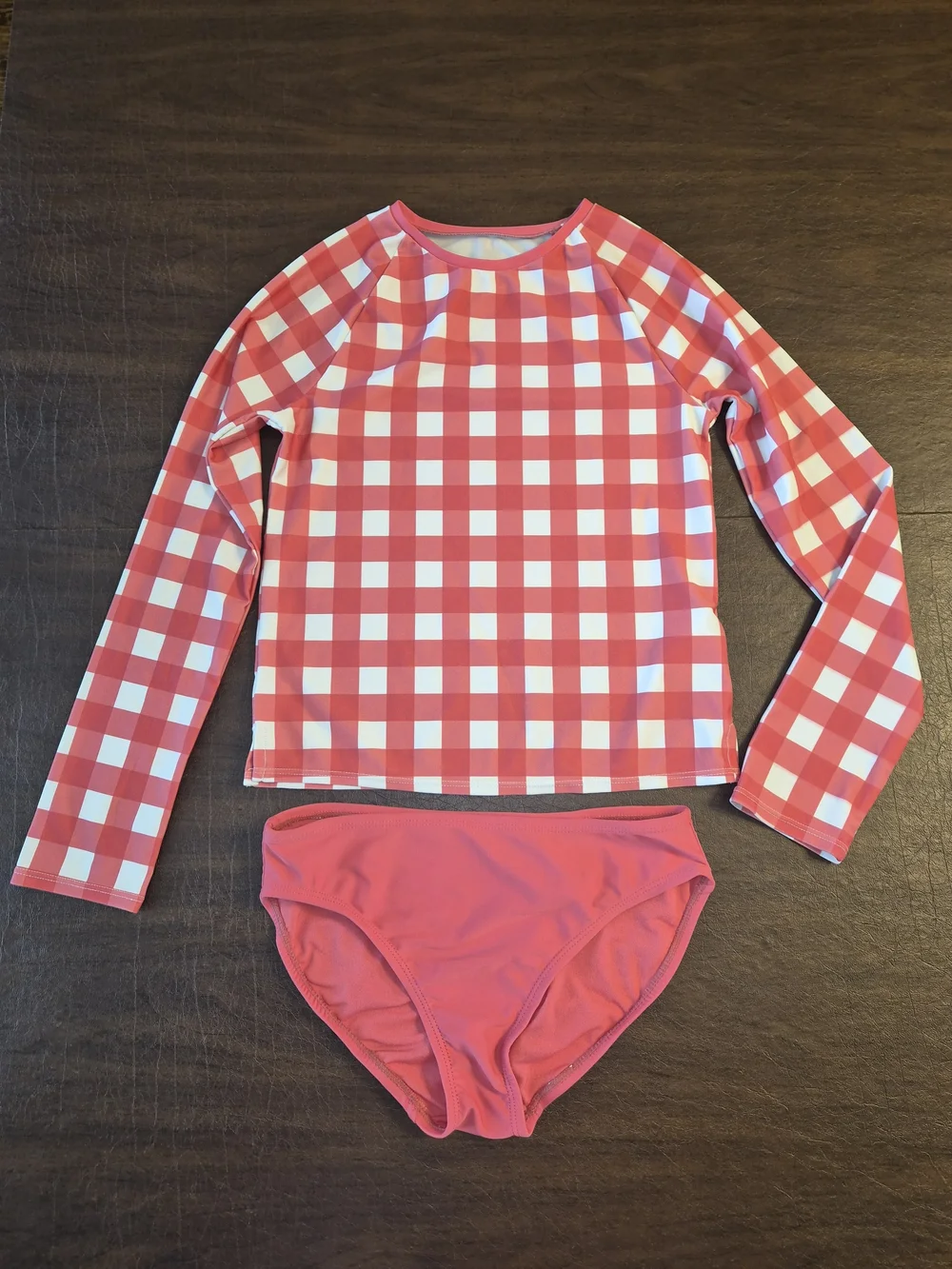 GAP Girls Pink and White Gingham Long-Sleeve Rashguard Swim Set Sz 10-12 (large)